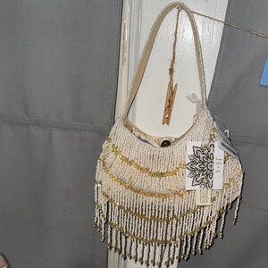 Beaded Fringe Shoulder Bag in Cream and Gold Accent